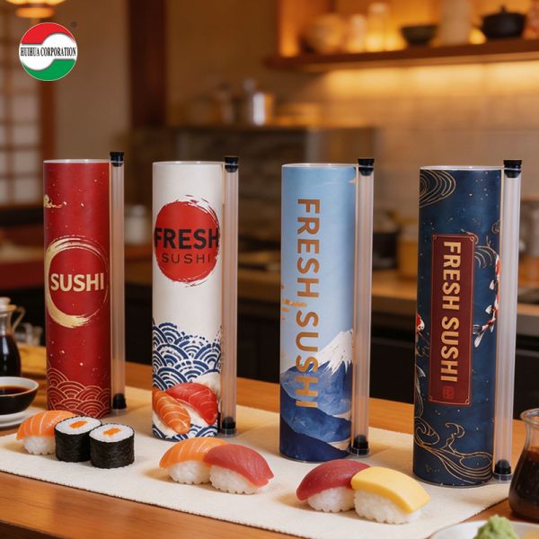 Custom Eco-Friendly Food Grade Craft Paper Sushi Push Pop Roll Packaging Cylinder Take-away Sushi Roll Tubes Hot Stamping Logo