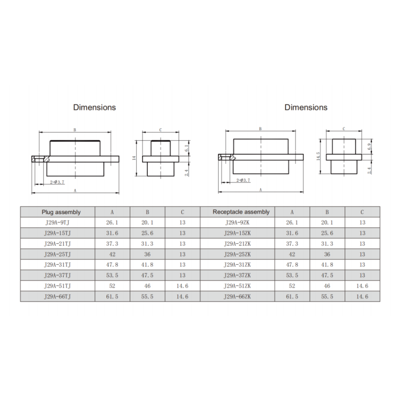J29A-15TJL Rectangular Electrical Connector with 15 Pins Threaded Locking and Precision Twisted Wire Elastic Pins