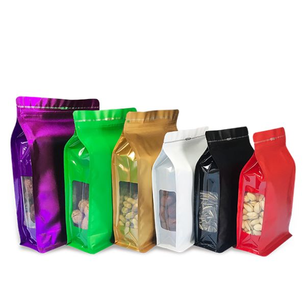 Resealable Flat Bottom Kraft Paper Bag Stand Up Pouch With Side Window For Dry Food