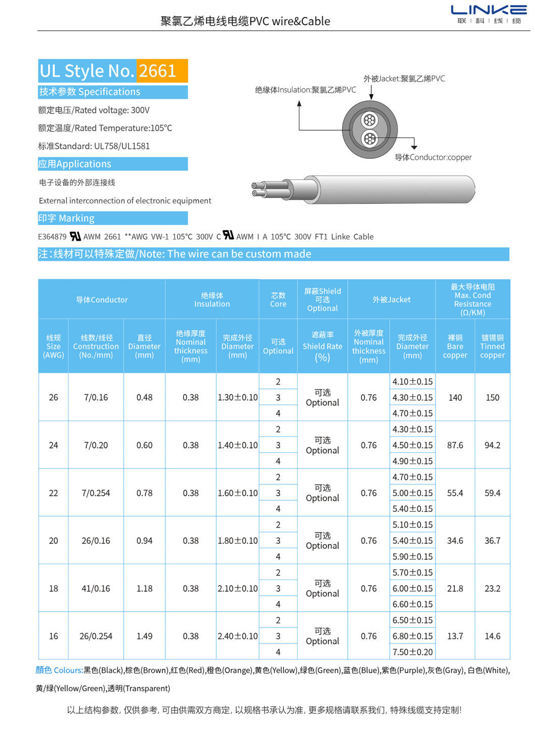 Customization UL2661 PVC Jacket Wire Cable for Electronic Equipment Interconnection