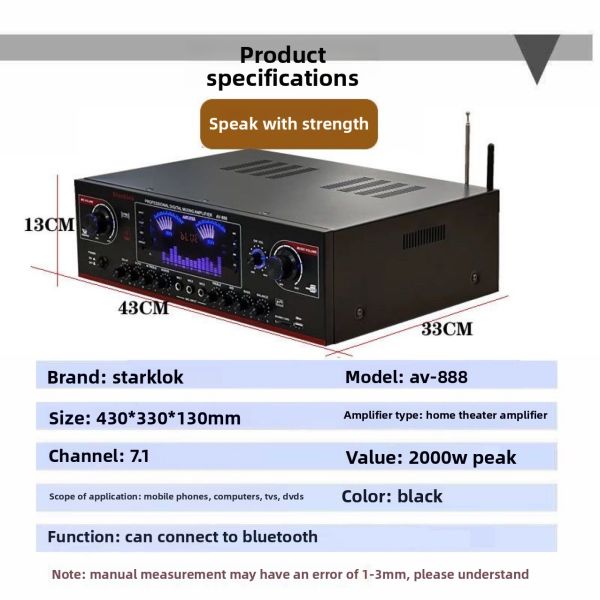 AV-888 7.1 Channel 2000W High Power Home Theater Karaoke Amplifier Speaker Dual Loop 12 Tube Made of Durable Metal