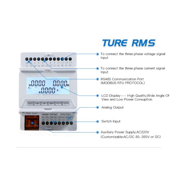Three Phase Din Rail Mounting LCD display Multifunction Power Meter with RS485 Communication Port