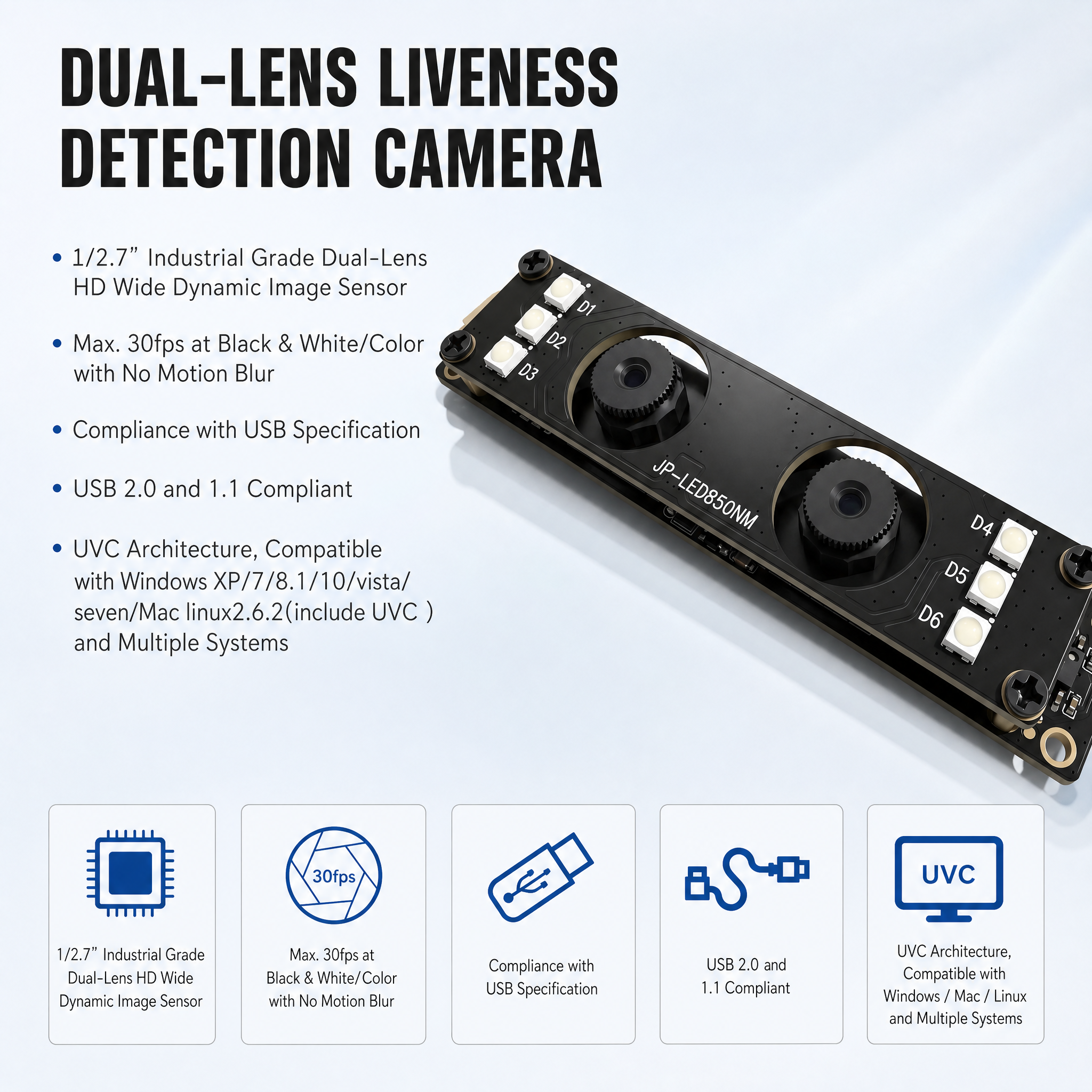 JP-S8130 1920x1080 USB 2.0 WDR Binocular Camera Module for Live Face Recognition Detection