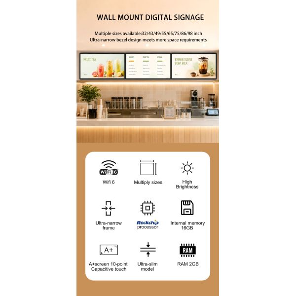 MJK Android 32 Inch Wall Mount Smart LCD Digital Poster OEM Indoor Advertising Digital Signage Cloud-Based Elevator Animation