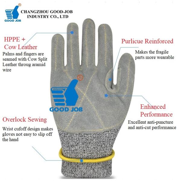 Long Cuff HPPE Polyethylene Cow Split Leather Level 5 Anti Cut Gloves Saw Proof