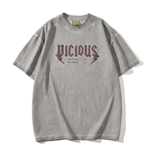 300g 100% Cotton Knitted Oversized Solid Vintage Breathable Letter Printed Washed T-shirt OEM Short Sleeved ODM