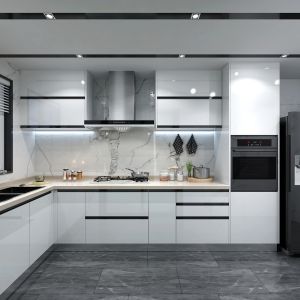Kitchen Cabinets Modern Design with Quartz Stone Countertop and Backsplash