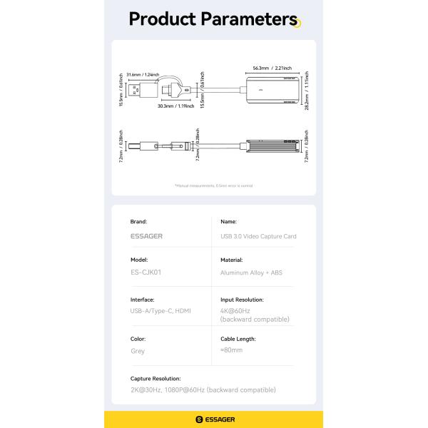 ESSAGER ES-CJK01 USB 3.0 Type C Hdmi 1080p 2K 4K Video Capture Card For PC TV Phone Laptop Camera Live Streaming Gaming