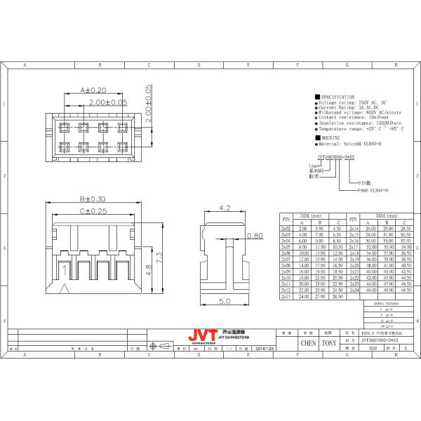 2.0mm Pitch Wire To Board Connector Tin Plated Circuit Board Pin Connectors