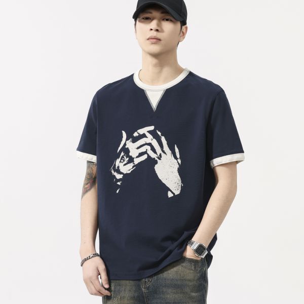 Vintage Knitted Retro Two Piece Heavyweight Solid Breathable O-Neck T-Shirt Men's Short Sleeved Summer Regular Fit 100% Cotton
