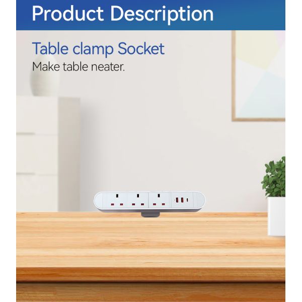 2USBA 1USBC Desk Clamp Power Outlet Socket Hub UKCA Certificated For Workspace