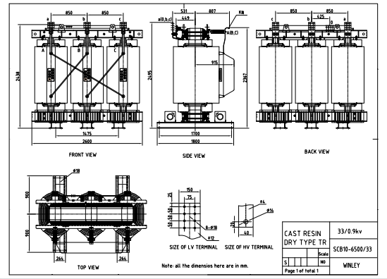 6500K Three Phase Dry Type Transformer Cast Coil Step Up Transformer 33KV