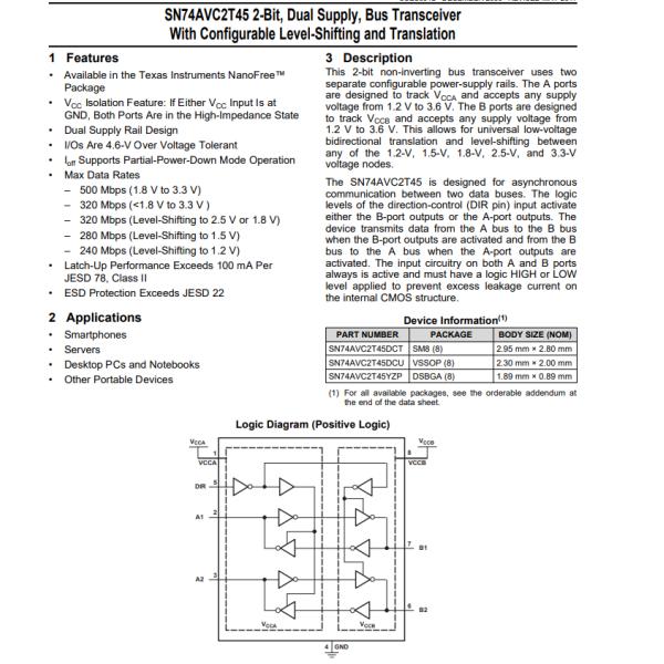 SN74AVC2T45DCUR Integrated Circuit Chip IC TRANSLTR BIDIRECTIONAL 8VSSOP