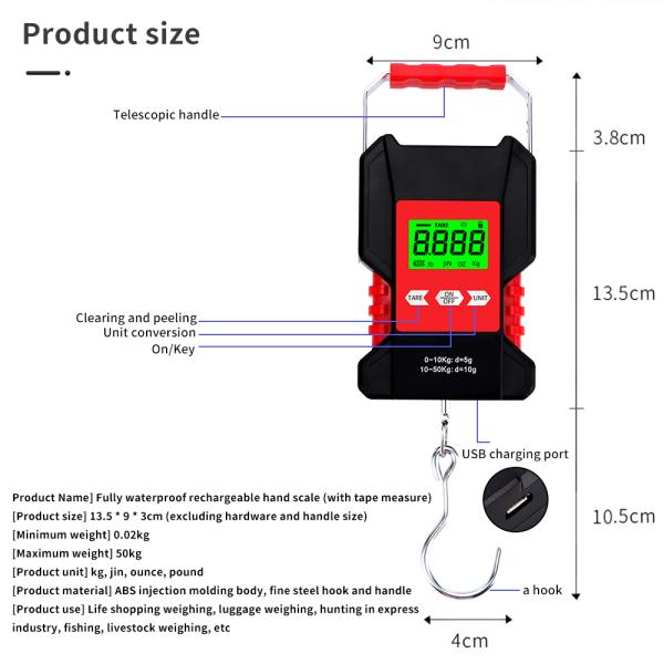 Digital Waterproof Rechargeable Hanging Scale Luggage Scale 50kg 0.01kg LCD Display Fishing Scale With Measuring Tape IP68