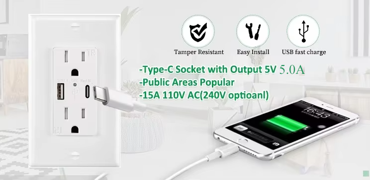 15A USB Wall Outlet 5.0A Fast Charging Tamper Resistant IntelliChip Socket Module Unit