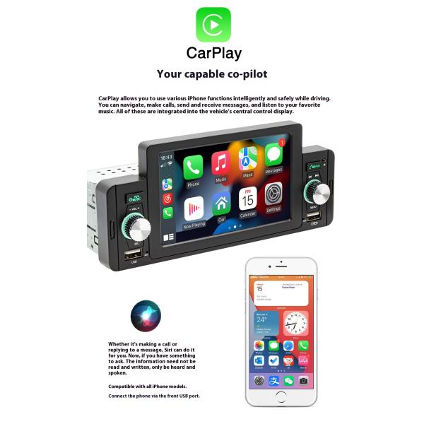 Creatall 5-Inch Car MP5 Player for Bluetooth Reversing Camera Wired/Wireless CarPlay Supports WAV MP3 APE Audio Formats USB