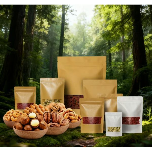 Customized Ziplock Brown Kraft Craft Paper Standing Pouches Biodegradable 100% Fast Delivery Food Packaging for Pizza and Nuts