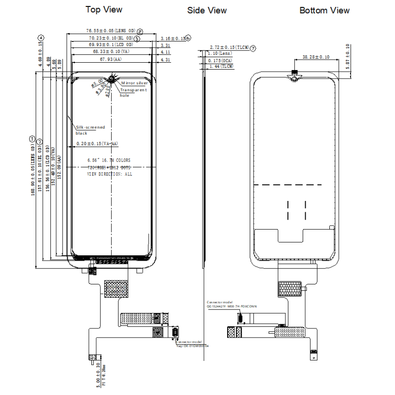 6.56 Inch IPS TFT Mobile Phone LCD Display 720x1612 300cd/M2 Luminance MIPI Interface