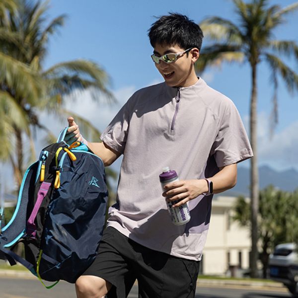 Men's Half Zip Stand Collar Polo Shirt Fine Mesh Polyester Quick Dry Antibacterial Color Block Outdoor Short Sleeve OEM Custom