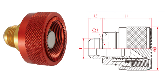 CB-HYDRAV-KD female hydraulic quick coupler with anti-loosening ring and valve shut-off structure, Carterberg design.