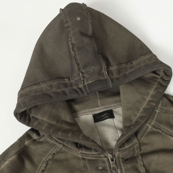 Washed Grey Zip-Up Hoodie Dark Grey Washed Varsity Jacket Men's Hooded Polyester/Cotton Vintage Windproof Breathable Winter
