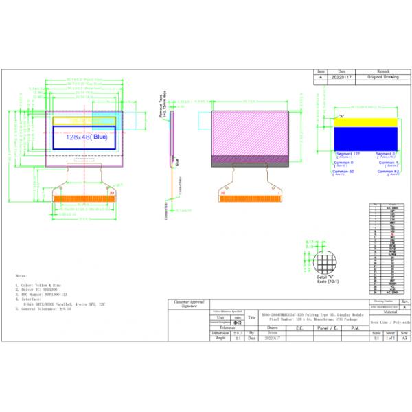 White Blue 0.96in Mono OLED Display 30Pin PMOLED Screen SSD1306 SPI I2C Interface