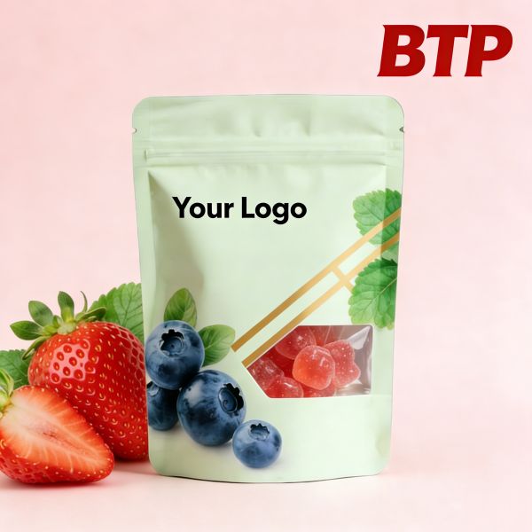 Custom Printed Reusable Clear Window Stand up Pouch with Custom Logo Food Grade Zipper for Gummies and Dried Fruits