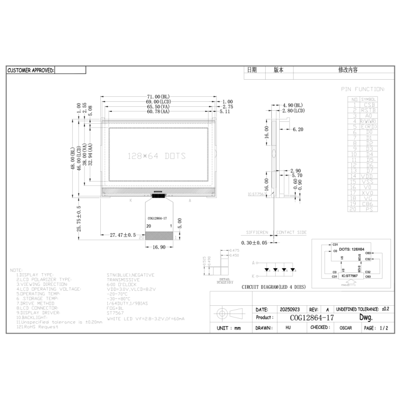 COG12864-17 128x64 Dots STN Blue Negative Transmissive LCD Module with Wide Temperature Range