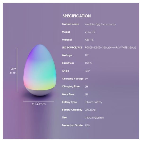 E9 Wobble Egg Lamp – Portable Table Lamp with 44 Color Modes, Remote Control & 2000mAh Battery