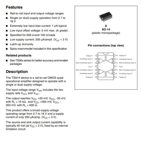 TS914IYDT Temperature Sensor Chip CMOS Amplifier 4 Circuit Rail-to-Rail 14-SO