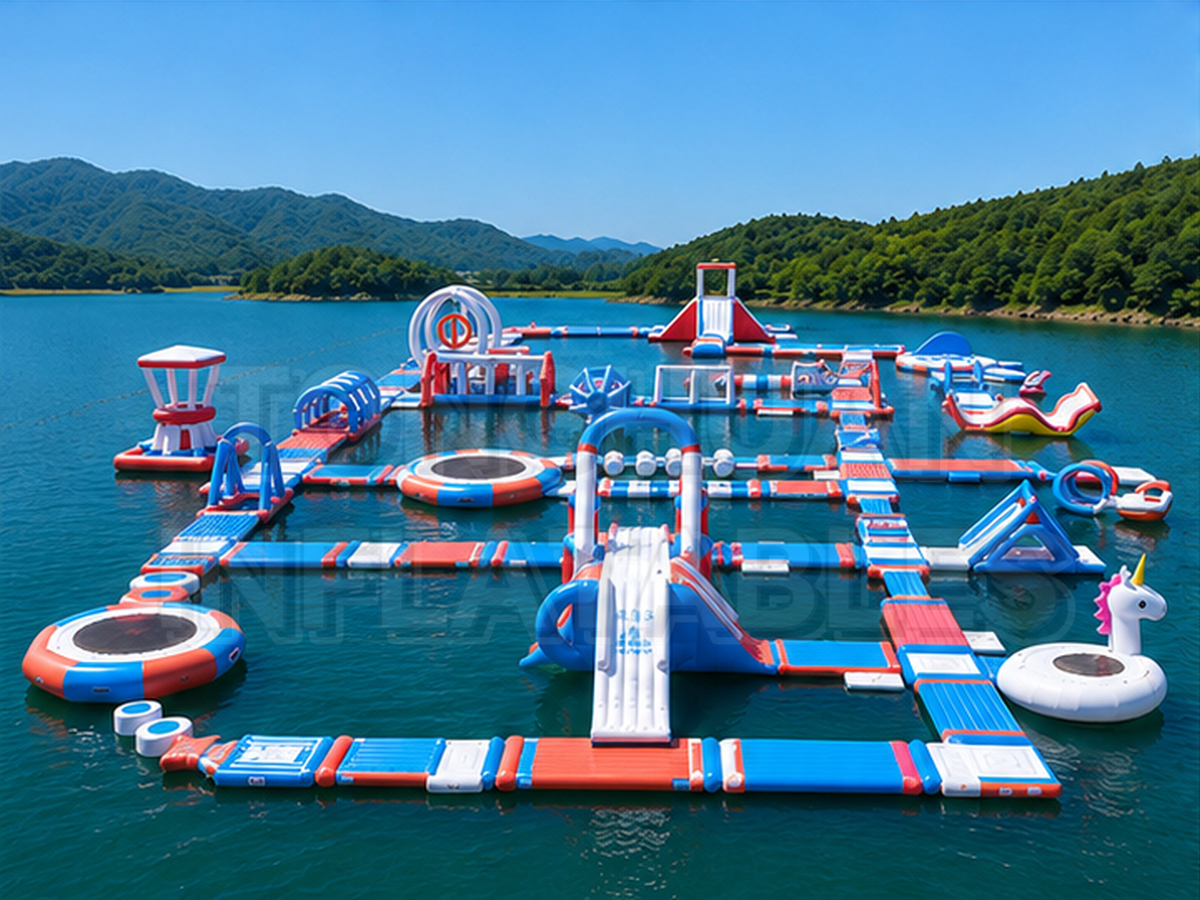 Custom Modular Inflatable Water Park with Floating Walkways Slides Trampolines and Balance Obstacles for Lakes Resorts Beaches and Commercial