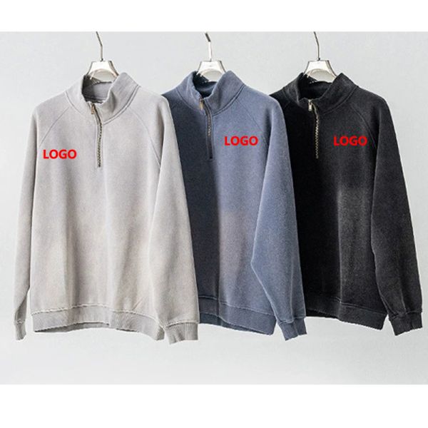 Customized Breathable 3D Embroidery Oversized Vintage Washed Half Zipper Hoodie Sweatpants Set Worn-out Style Winter Men's