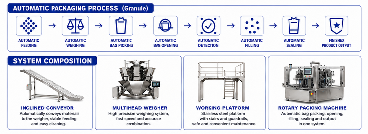 Automatic Premade Pouch Packing Machine With Rotary Feeding Device Nitrogen Flushing for Tea Cake Pu Er Tea Brick Packaging