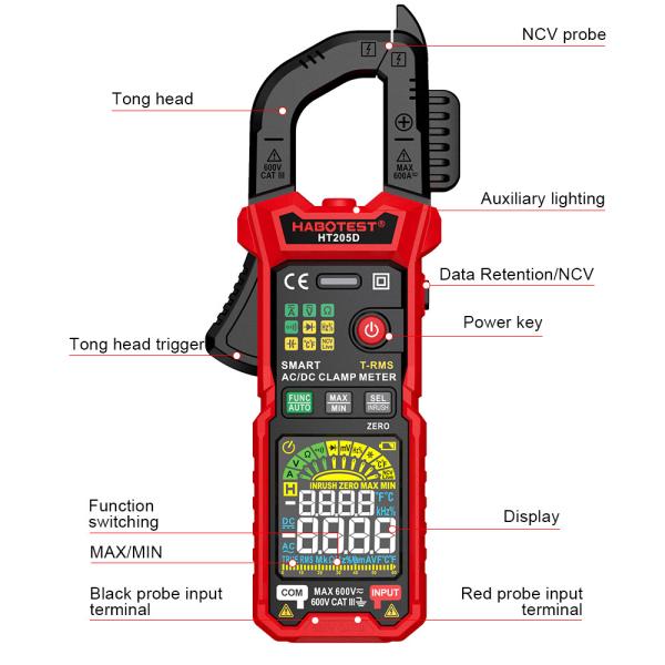 HT205 Clamp Meter Auto Range True RMS NCV DC AC Voltage Inrush Current Temperature Tester Automatic Voltmeter