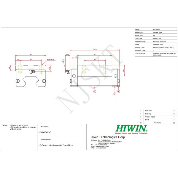 HIWIN HGH45CA Linear Guideway Block 45mm Linear Stage For Machine Centers