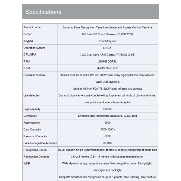 8 Inch Screen Dynamic Biometric Time Attendance System Fingerprint Face Recognition Access Control Device WIFI Cloud