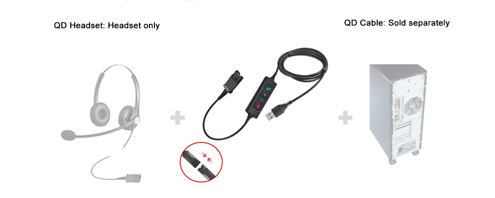 Call Center QD Headset Cable to USB, Quick Disconnect PC Connection Wire