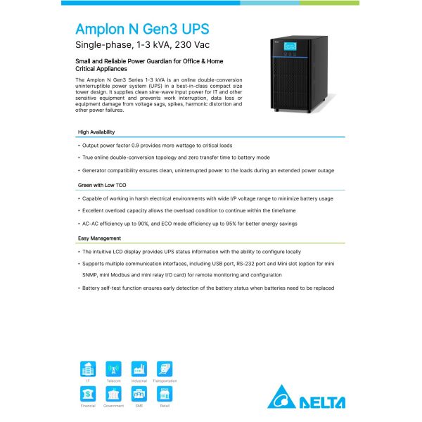 Delta Amplon N Gen3 Series 1-3KVA Single-phase On-line Double-conversion UPS with LCD Display for Networking