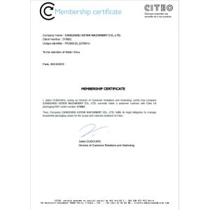 Cangzhou Astar Machinery Co., Ltd. Certifications