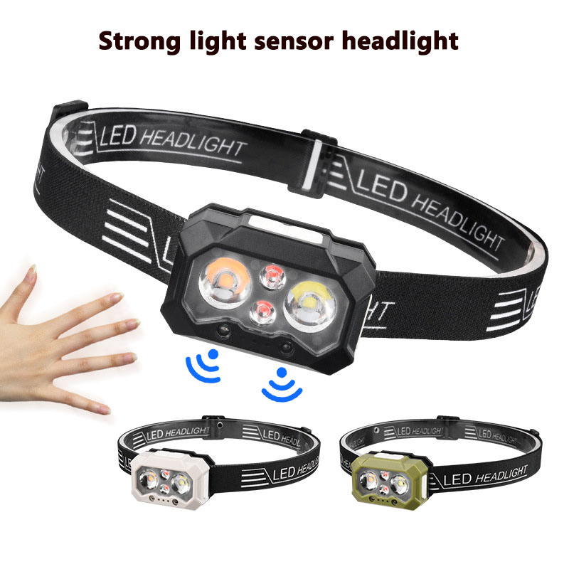 Dual Light Source LED Headlamp with Yellow & White Light Built-in USB Charging Lithium Battery Wave Induction Night Fishing Tool