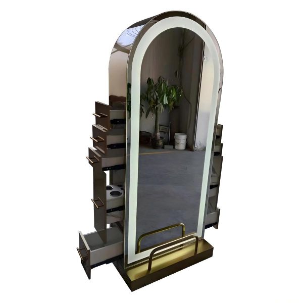 Kingstin Modern Floor-Standing Hair Salon Mirror Station Gold Stainless Steel Frame LED Barber Mirror Styling Unit