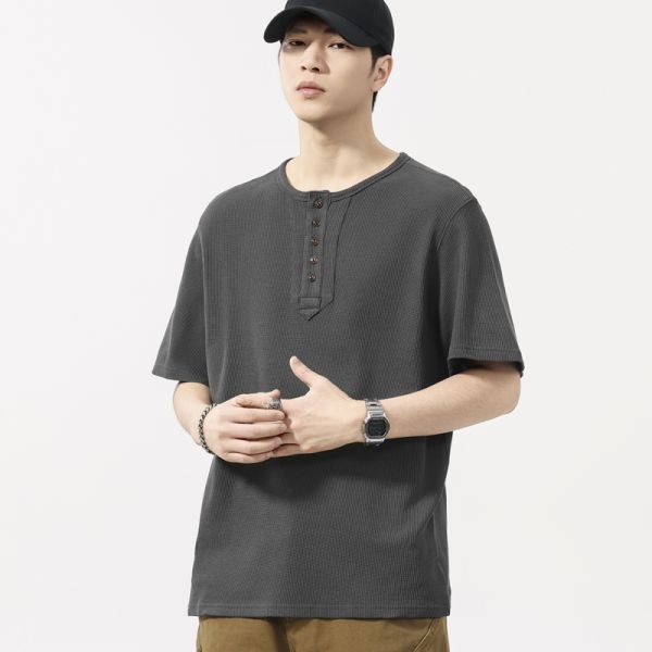 Minimalist Waffle O-Neck Regular Fit Solid Knitted Printed Cotton-Polyester Vintage T-shirt for Men's Autumn Casual OEM