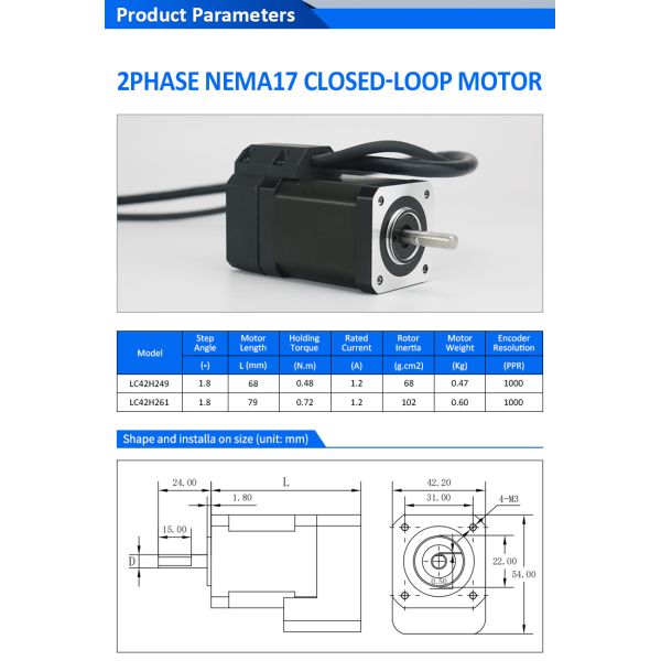 Lichuan DC Closed Loop Stepper Motor Drivers Kit 0.72N.m 2 Phase Nema17 DC24V～48V 1.2A 1000PPR