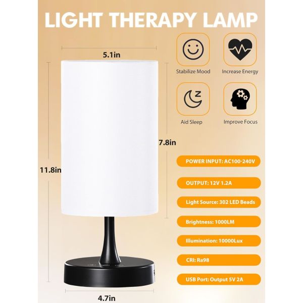 10000 Lux Light Therapy Lamp with Adjustable Brightness and Remote Control for Seasonal Affective Disorder