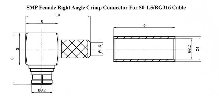 6GHz RF SMP Female Connector with Gold-plated Brass and Right Angle Crimping Type