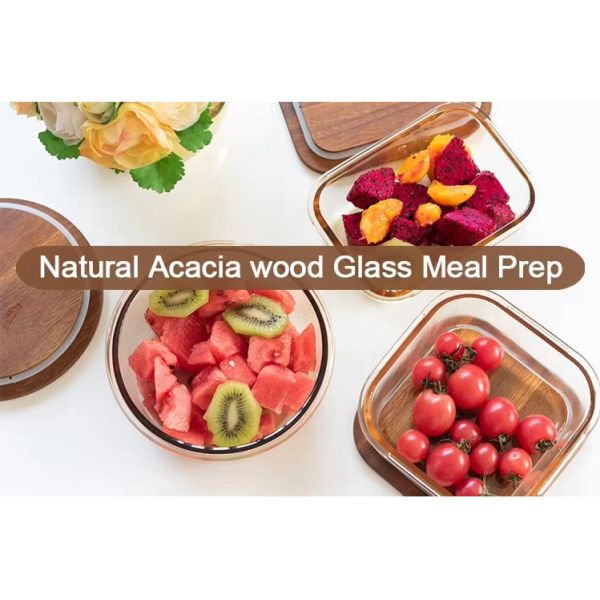 High Borosilicate Glass Food Container with Multiple Capacities and Temperature Resistant Eco Acacia Wood Lid