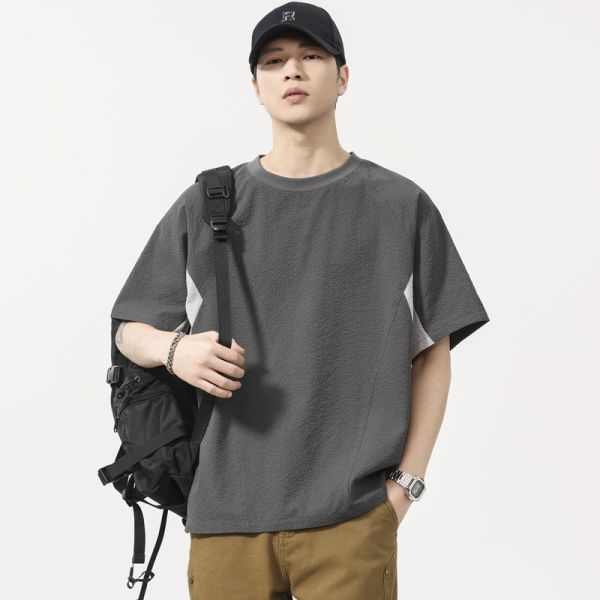 Oversized Solid Vintage Knitted Quick Dry Foam Short Sleeve T-shirt Men's Summer Thin Ice Silk Cool Neck 100% Polyester OEM