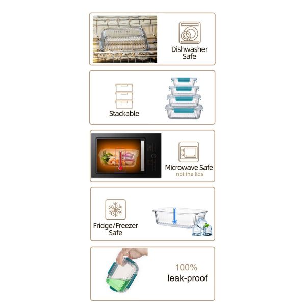 IKOO Borosilicate Glass Food Container with Airtight Locking Lids Stackable Design and 560℃ Oven Safe