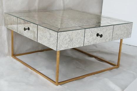 Quality Large Size Square Mirrored Coffee Table Antique Gold Leaves Finish for sale