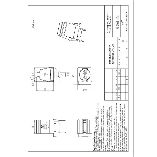 6.3mm Vertical Mount KSD301 Ceramic Bimetal Thermostat 10A 250V 92C For G18 Pipe Clamp